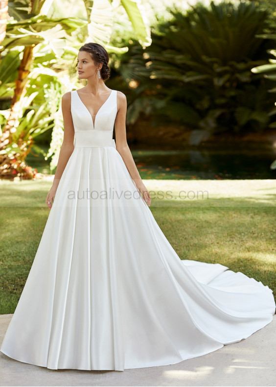 Ivory Satin U Back Wedding Dress With Pockets